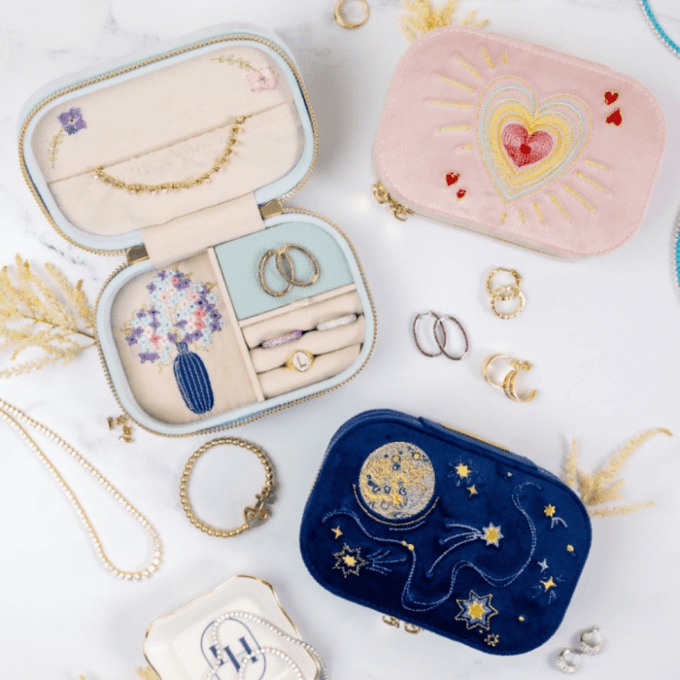 Beautiful embroidered travel jewelry boxes by L'Heritage Jewelry