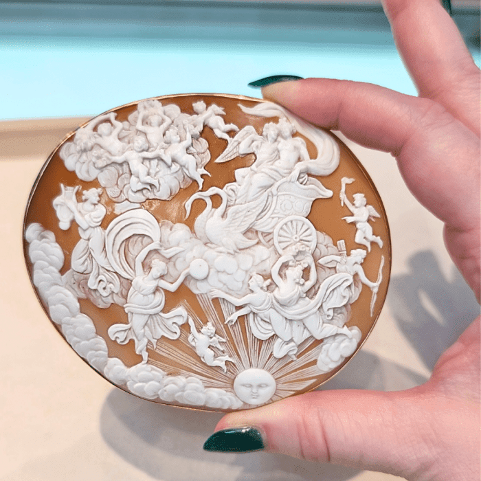 A remarkble antique cameo with a scene from classical Greek mythology. Seen at Marilyn & Co during NYCJAOS Spring 2026.