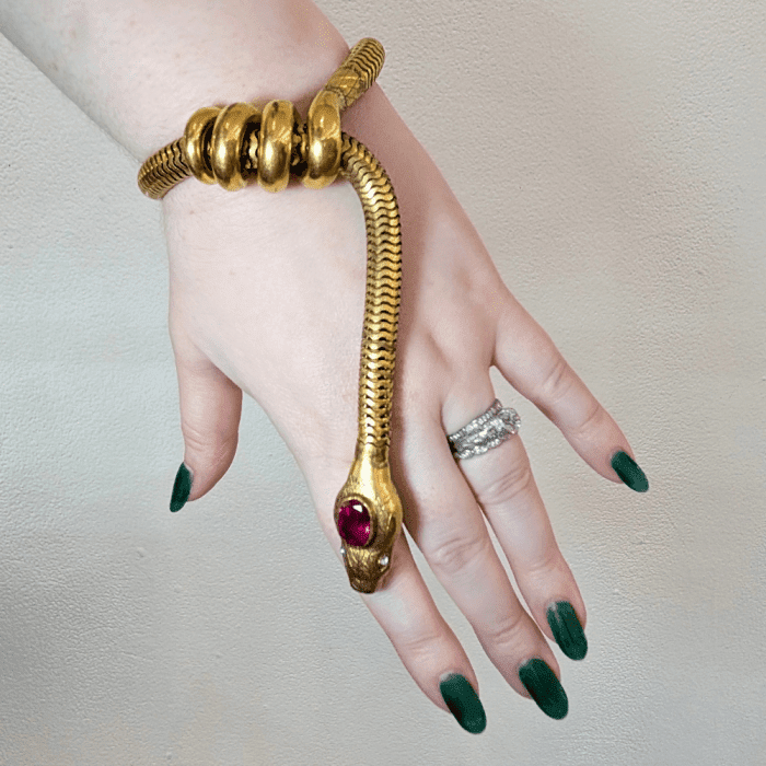 A very cool demi-fine vintage snake bracelet from Feather & Foxglove, seen at NYCJAOS Spring 2026.