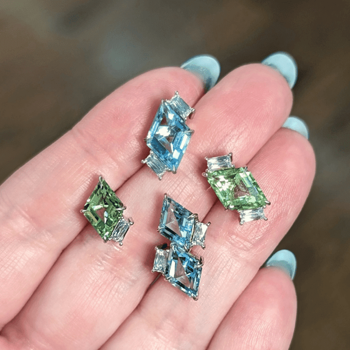 Exceptional gemstone and diamond stud earrings by Gemology Geek, seen at Spring NYCJAOS 2026.
