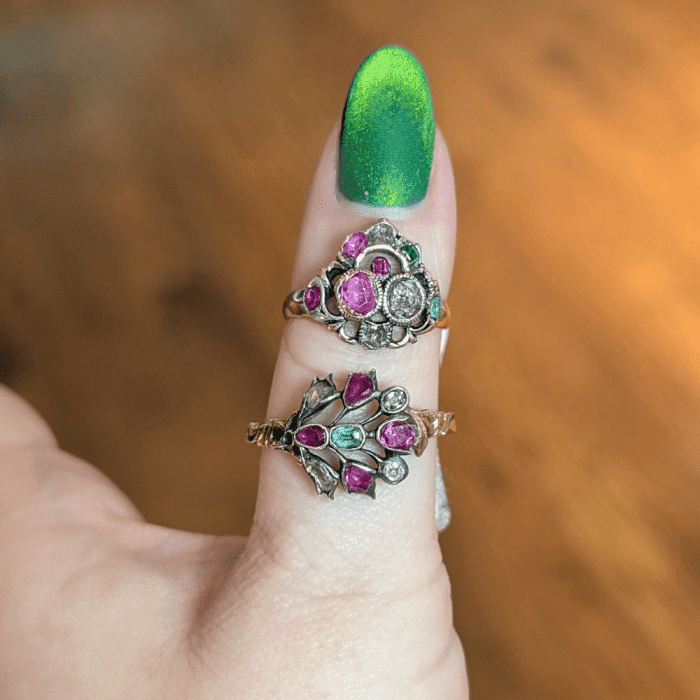 Georgian crowned heart ring and giardinetti ring. Seen at Spare Room Antiques during NYCJAOS Spring 2026.