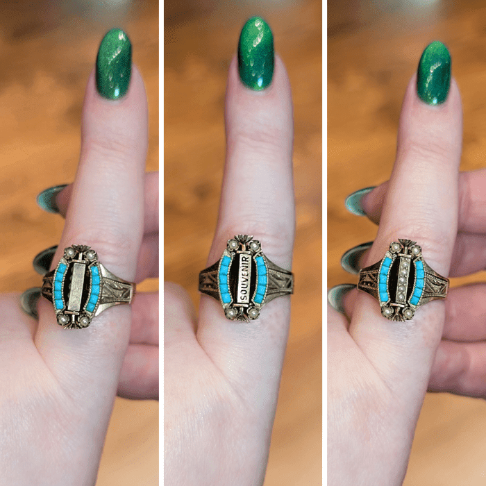 This Vctorian turquoise flip ring has a rotating panel that can be plain gold, pearls, or the word 'Souvenir'. From Maryanntiques.