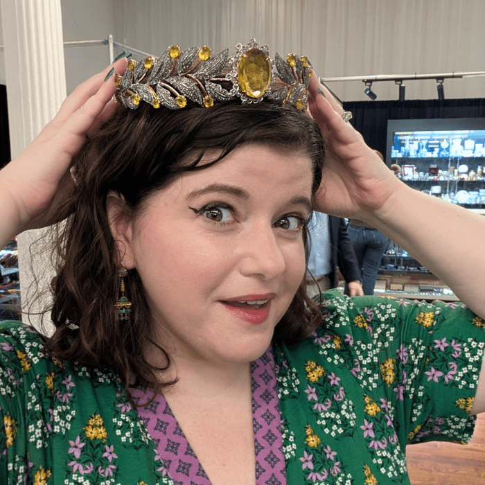 Trying on a fabulous citrine tiara from Blu Dog world at NCYJAOS Spring 2026.