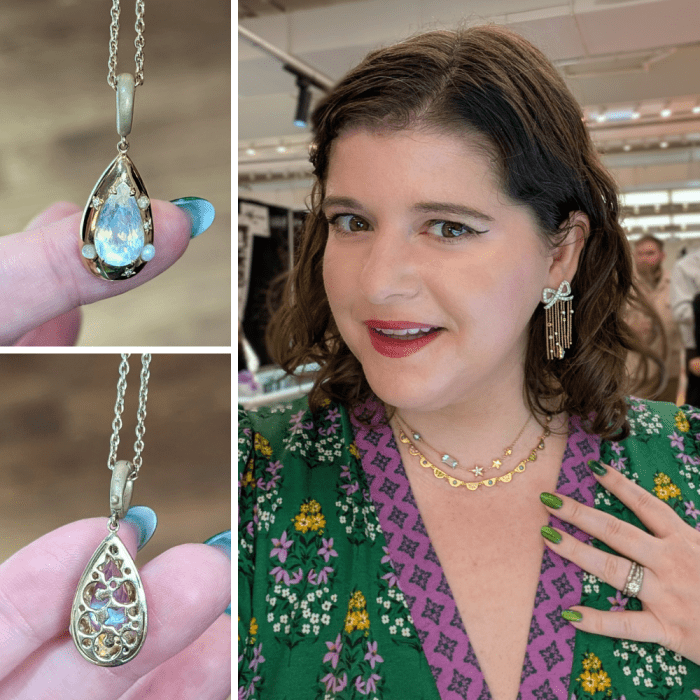 Unhada Lucid pendant with faceted mooonstone and other Unhada jewels with diamonds, opals, turquoise, and aquamarine. Seen at NYCJAOS 2026.