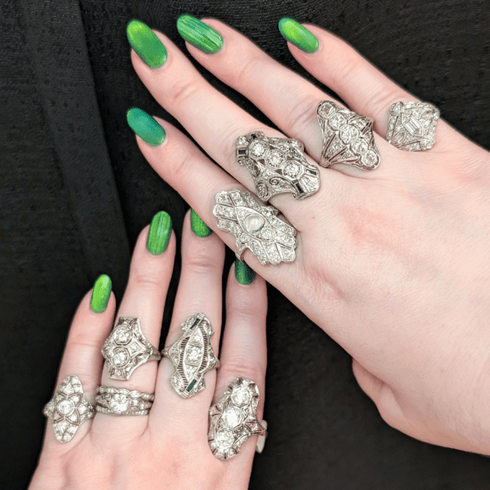 Wearing a double handfull of Art Deco diamond shield rings from The Antique Parlour!!