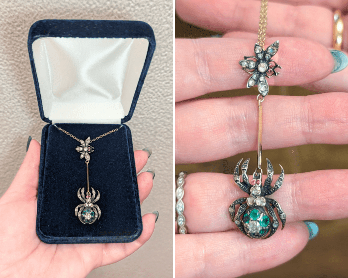 A fabulous antique spider and the fly necklace with diamonds, rubies, and emeralds. Seen at Marilyn & Co during Spring NYCJAOS 2026.