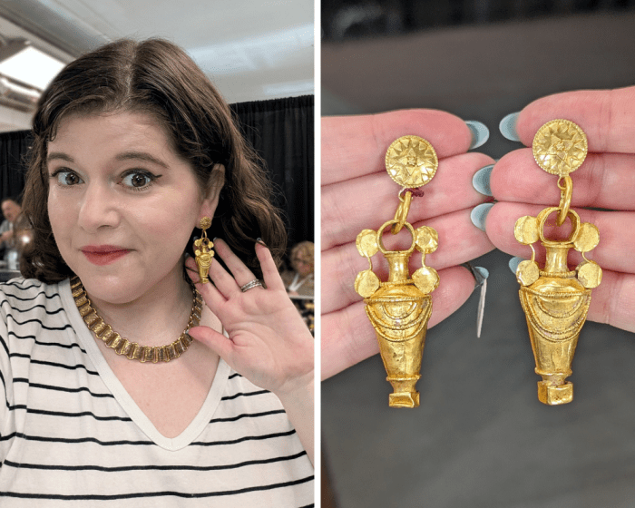 A pair of solid gold earrings from 300 BCE!! Tops are newer. Seen at E Foxe Harrell during Spring NYCJAOS 2026.