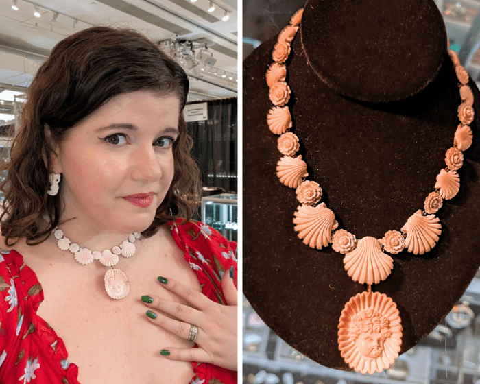 Antique carved shell necklace and earrings seen at Spare Room Antiques during NYCJAOS Spring 2026