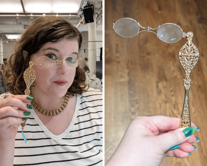 Antique gold lorgentte from Verma Estate Department. I had to try it on! Seen during NYCJAOS Spring 2026.