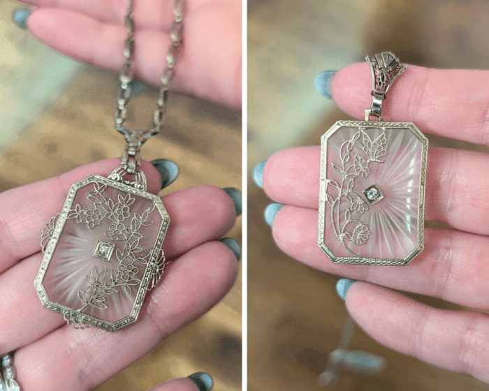 Beautiful antique camphor glass necklaces from Christoffel Jewelry. Seen at NYCJAOS 2026.