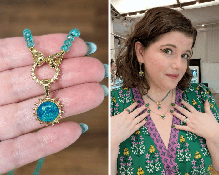 Delphine Leymarie gold and opal charm on Boheme clicker charm holder and emerald beaded chain, seen at NYCJAOS 2026