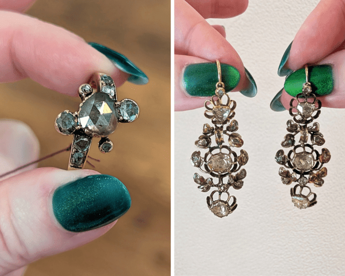Dutch rose cut diamond ring, circa 1780's, and antique diamond earrings from Antique Jewelry Box, seen at NYCJAOS Spring 2026.