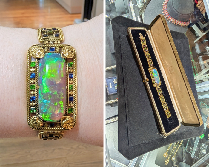 Extraordinary antique opal bracelet by Marcus & Co with garnet and sapphires, seen at Lauren DeYoung during Spring NYCJAOS 2026. Close up