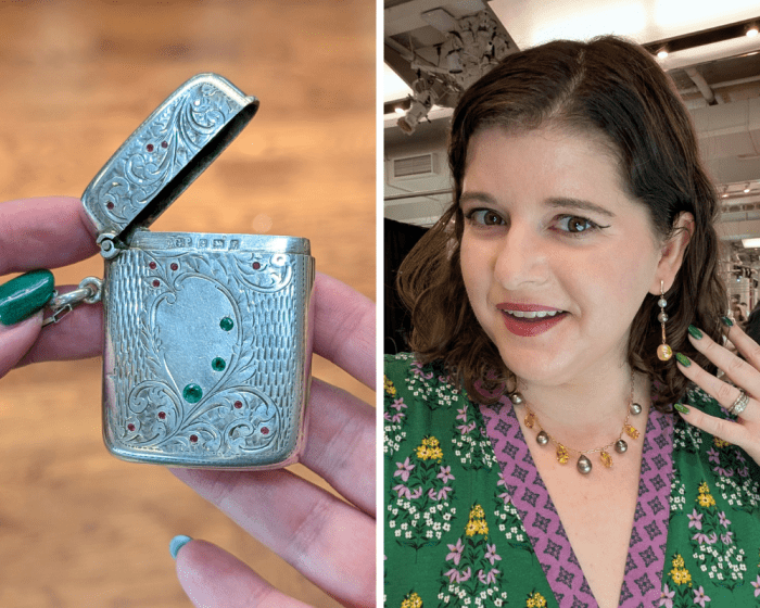 Lauren Chisholm pearl and citrine jewels and antique sterling silver match vesta pendant. Seen at NYCJAOS 2026.