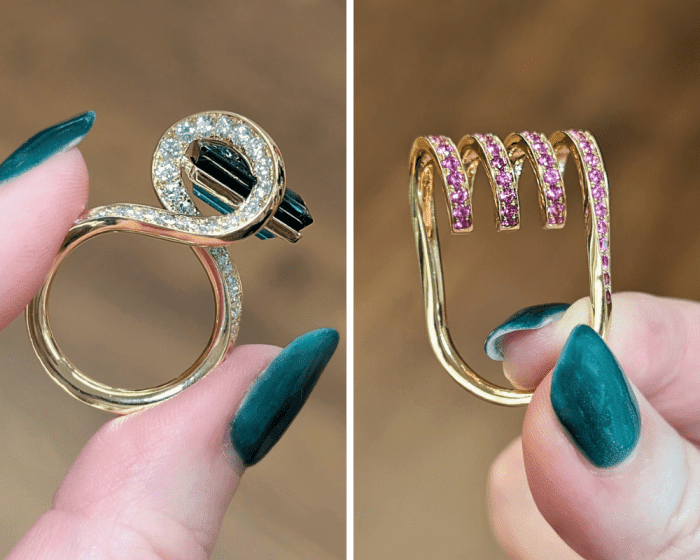 Renesis sculptural gemstone and diamond rings seen at NYCJAOS 2026.