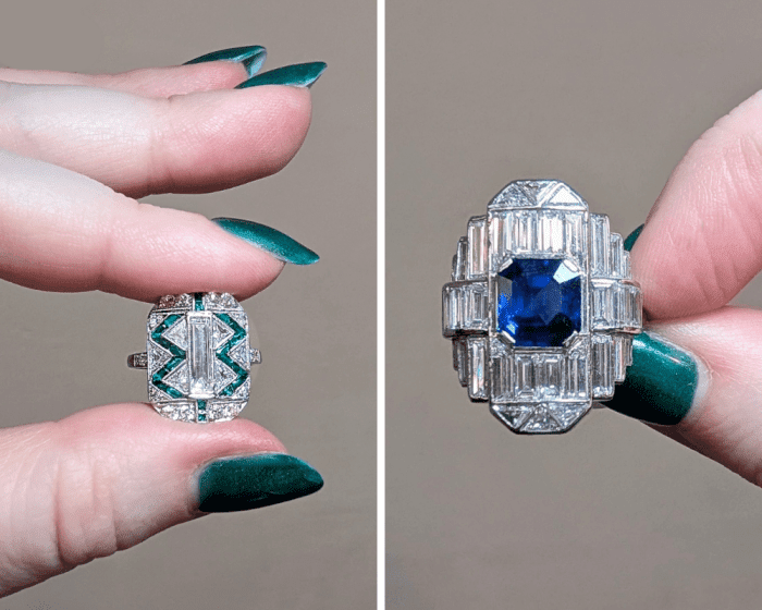 Two spectacular Art Deco rings from The Antique Parlour, seen at Spring NYCJAOS 2026.
