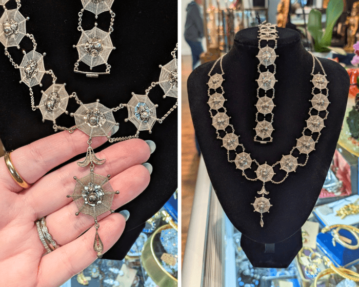Vintage silver spider and spiderweb necklace and bracelet set from Feather & Foxglove, seen at NYCJAOS.