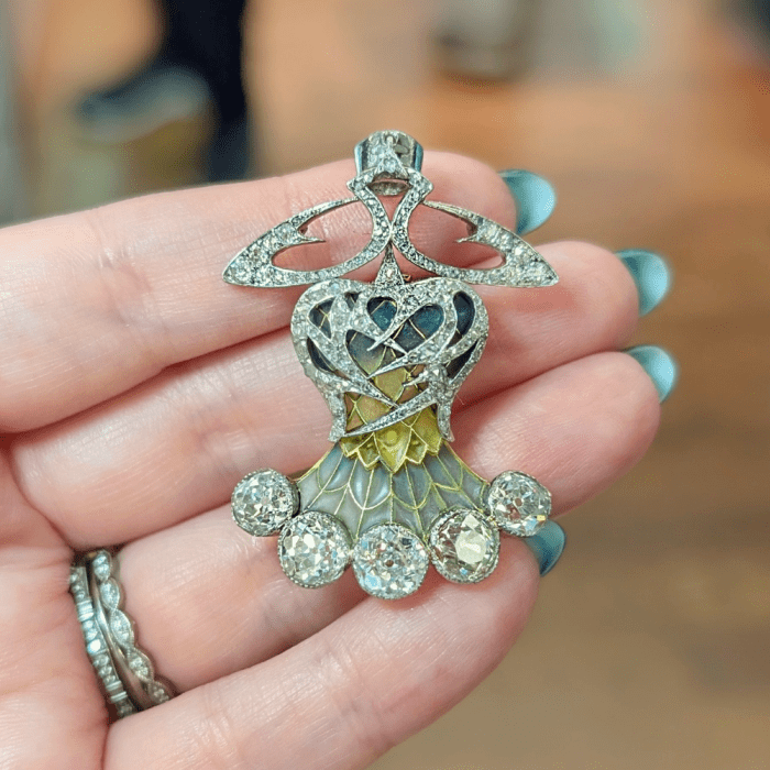 A spectacular enamel and diamond Art Nouveau pendant from Wilson Estate Jewelry, seen at Spring NYCJAOS 2026