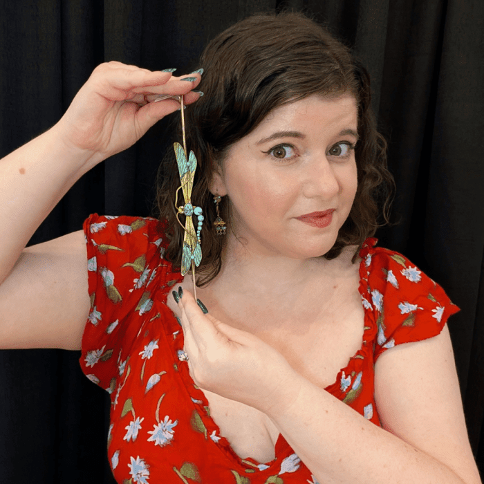 Antique Art Nouveau dragonfly cloak pin with enamel and turquoise, seen at Spare Room Antiques during Spring NYCJAOS 2026.