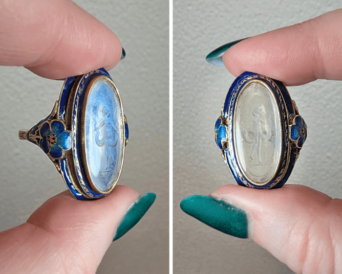 Antique carved moonstone intaglio ring with enamel flowers, seen at Alpha +Omega Jewelry during NYCJAOS Spring 2026. Two views