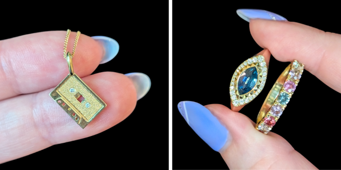 KIMA gold casette tape necklace, teal sapphire marquise ring and pastel spinel band at Beaumont Jewelry Collective.