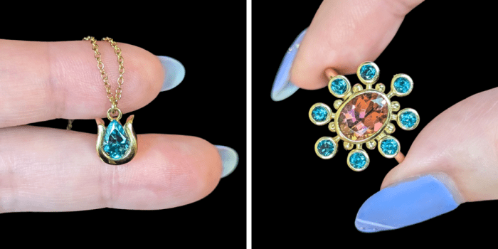 Mazahri gemstone ring and necklace in Fairmined gold. At Beaumont Jewelry Collective.