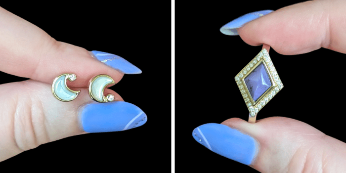 Mercurius Jewelry purple jade ring in Fairmind gold, with diamonds and Mother of Pearl crescent moon studs. At Beaumont Jewelry Collective.