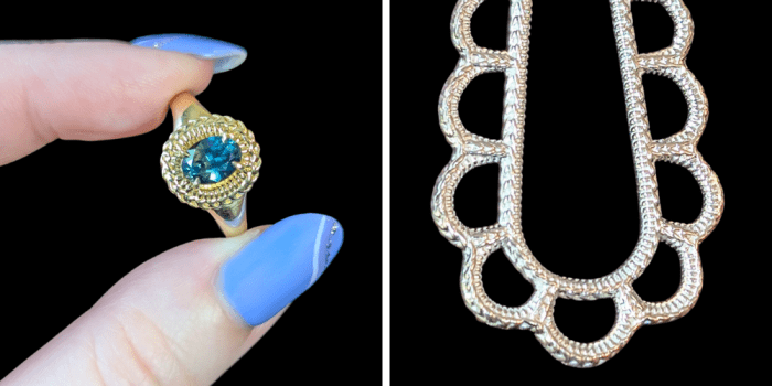 Twyla Dill teal sapphire ring and earrings in silver made from crocheted lace. At Beaumont Jewelry Collective.