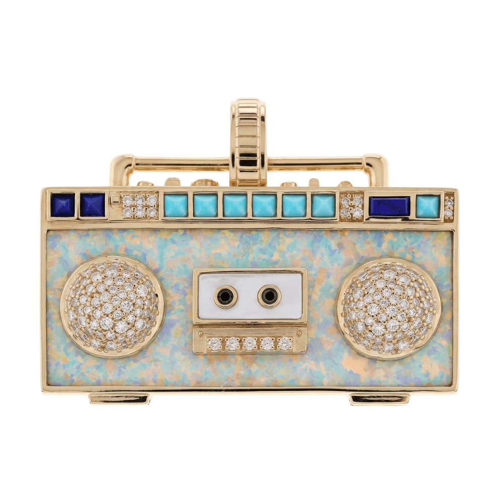 NeverNot Don't Stop the Music pendant with diamond pave, turquoise, lapis, and Mother of Pearl.
