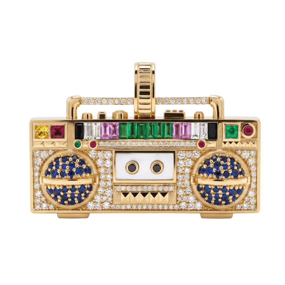 NeverNot Feel The Rhythm pendant with emeralds, tsavorites, rubies, pink, blue, and yellow sapphires, and black diamonds.