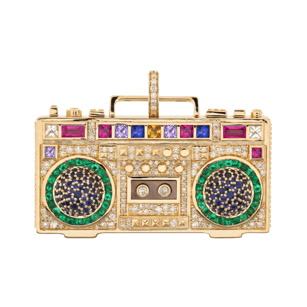 NeverNot boombox jewelry; Making Noise pendant with diamonds, rubies, emeralds, pink, blue, and yellow sapphires.