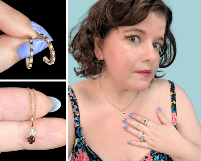 KIMA gold cassette tape necklace, garnet sacred heart necklace, pearl and black diamond hoops, and gemstone rings at Beaumont Jewelry Collective.