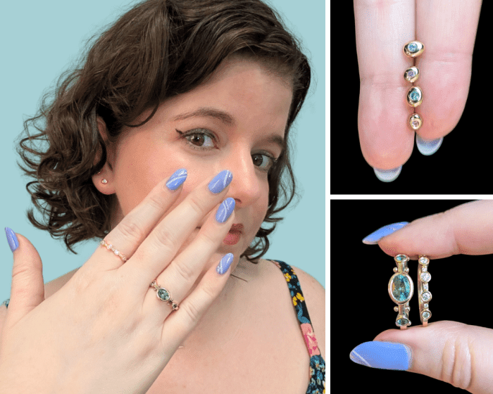 M. Hisae recycled gold stud earrings in pink and blue sapphire and diamond and teal sapphire rings. At Beaumont Jewelry Collective.