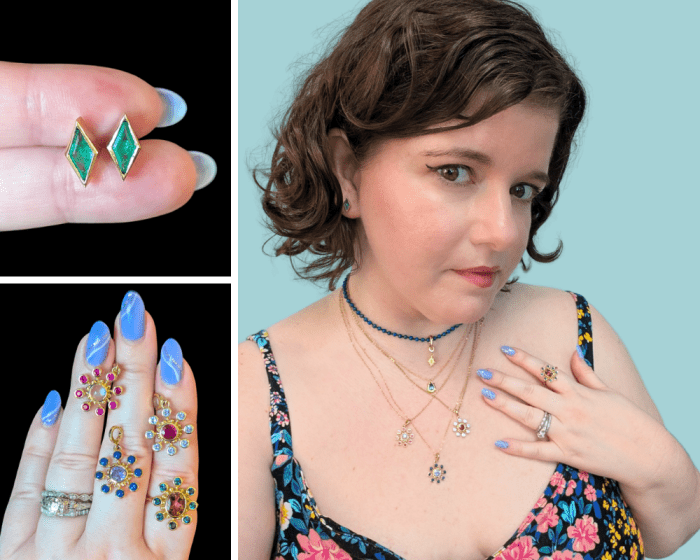 Mazahri gemstone charms, ring, necklace, and earrings in Fairmined gold. At Beaumont Jewelry Collective.