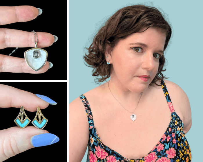 Mercurius Jewelry's turquoise huggies and agate and spinel necklace. At Beaumont Jewelry Collective.