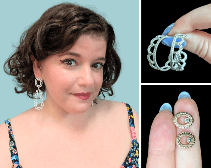 Twyla Dill earrings in silver and gold made from crocheted lace. At Beaumont Jewelry Collective.