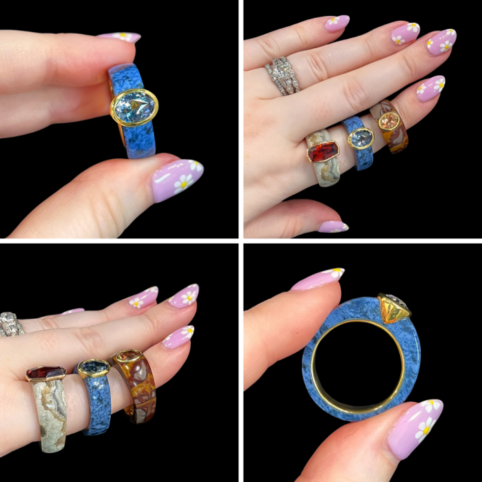 Mercurius Jewelry Cloak rings feature a solid band of carved hardstone lined in Fairmined gold and bezel set with a gemstone!