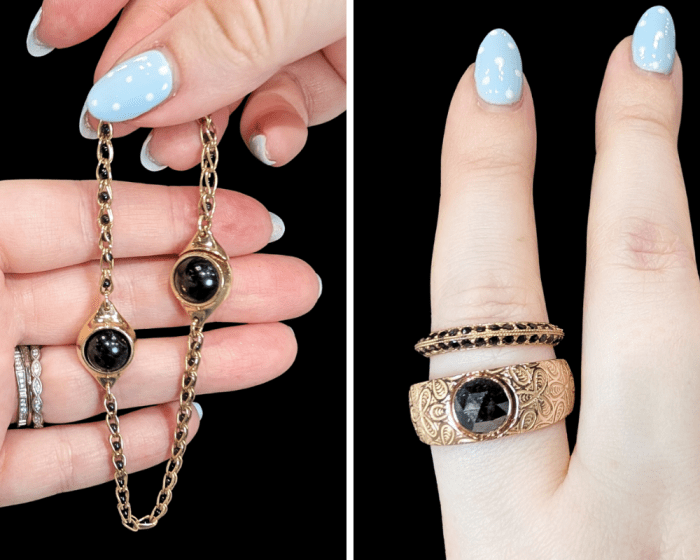 Several pieces of handmade gold, black diamond, and black tourmaline jewelry by Mercurius Jewelry.