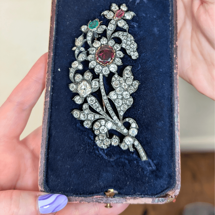 A beautiful antique flower brooch from Ishy Antiques, in fitted box, seen at NYCJAOS Spring 2025!
