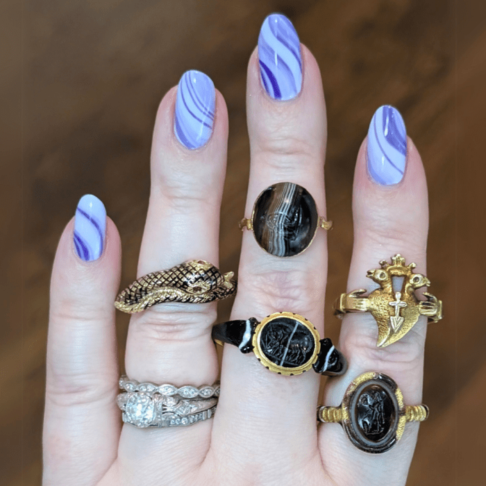 A selection of rare and very old rings from A Pocket of Rocks, seen at NYCJAOS Spring 2025.