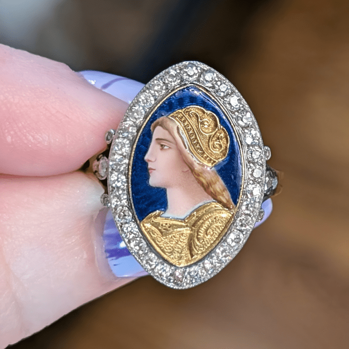 An extraordinary antique ring with an enamel portrait. From Antique Jewelry Box, seen at NYCJAOS Spring 2025.