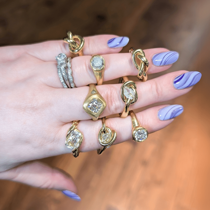 Modern diamond rings by Kali Zoe, seen at NYCJAOS Spring 2025.