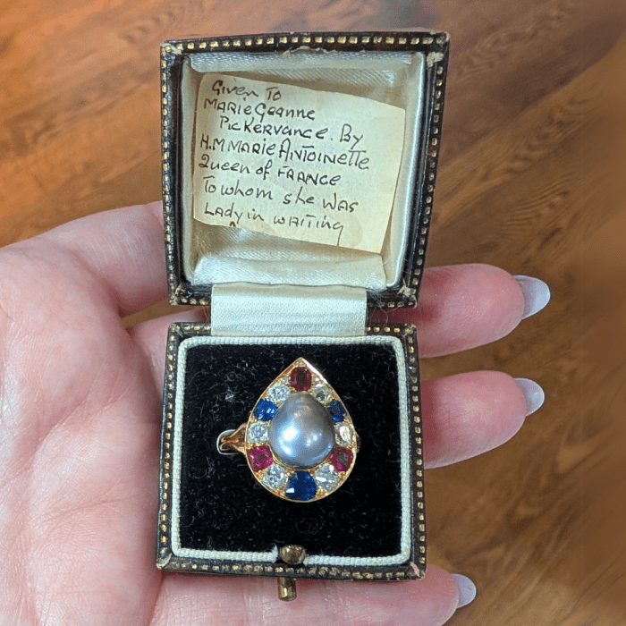 This pearl ring with sapphires, rubies, and diamonds was a gift from Marie Antoinette to one of her Ladies in Waiting. From Halle's Jewels, seen at NYCJAOS.